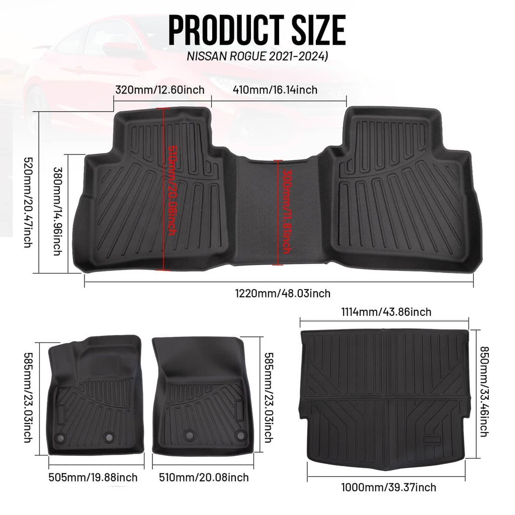 Black TPE floor mats and cargo liner set with molded channels and precise contours