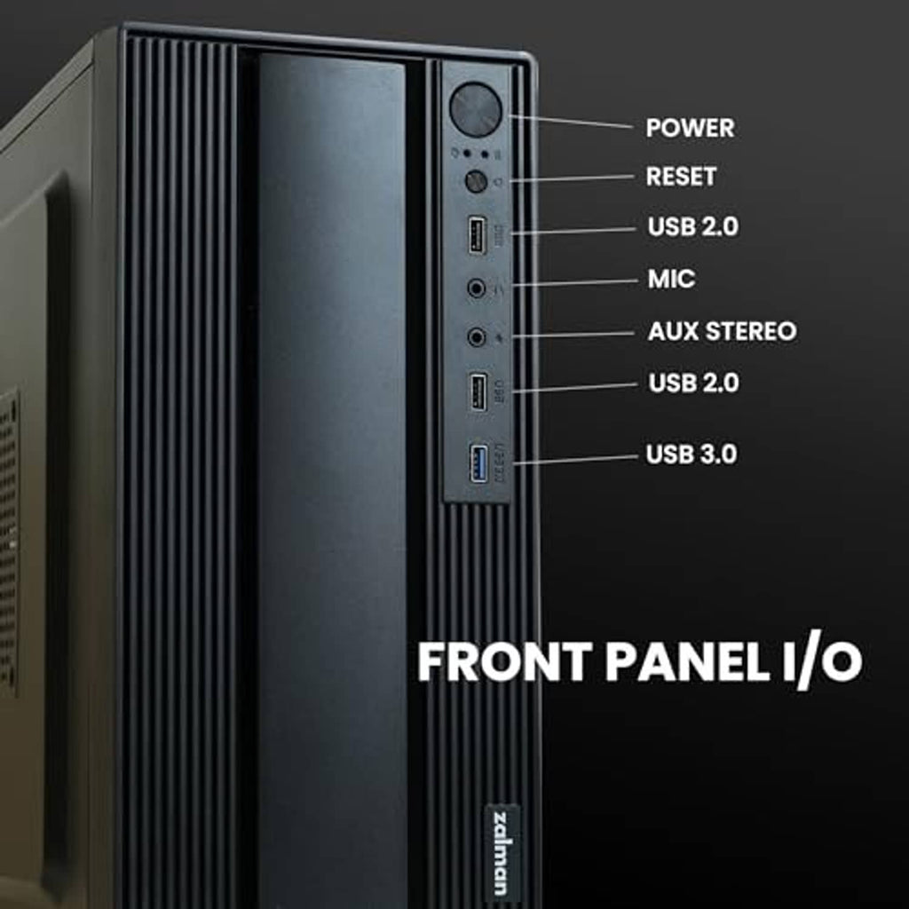 Micro ATX desktop PC case front I/O panel with power reset and USB ports on dark face
