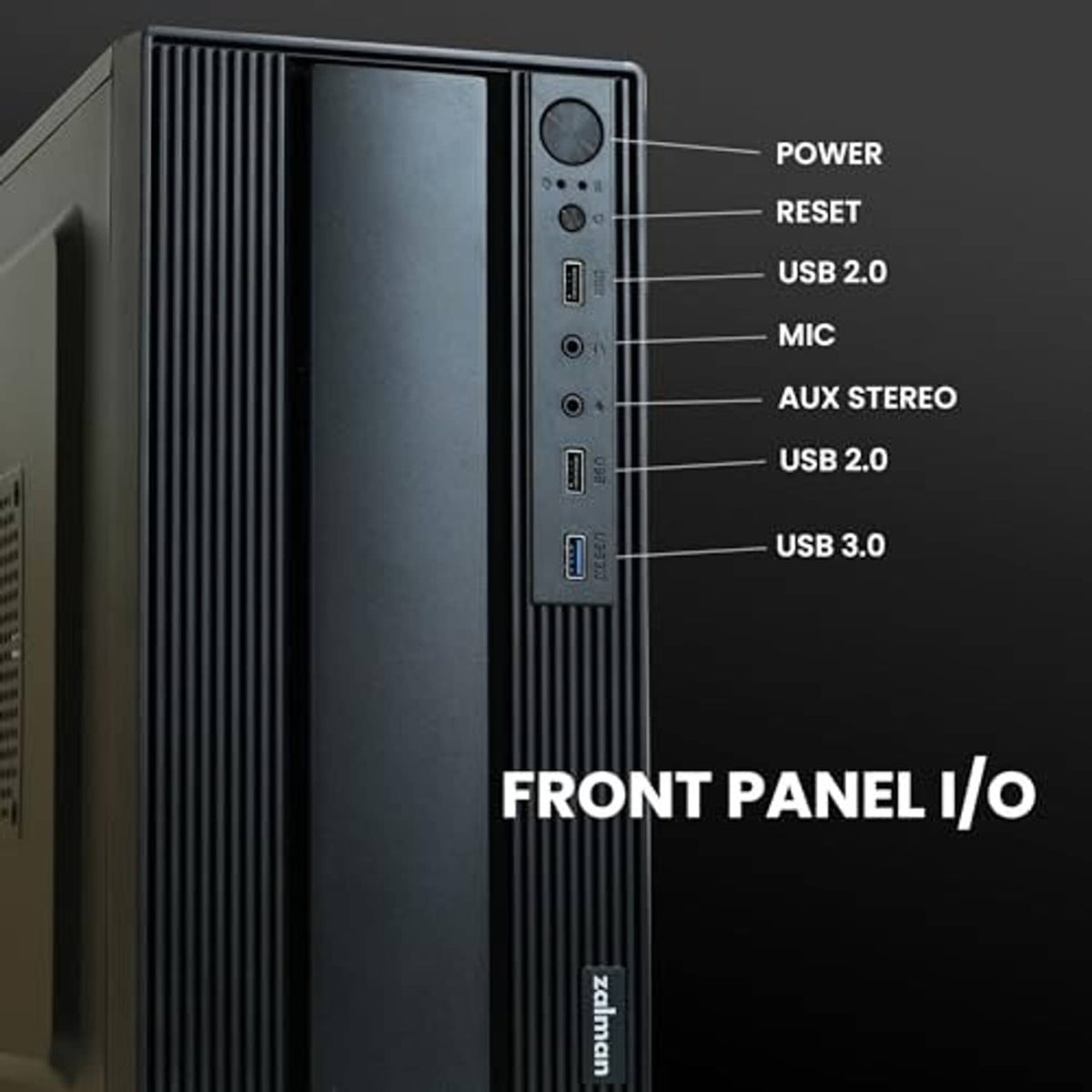 Micro ATX desktop PC case front I/O panel with power reset and USB ports on dark face