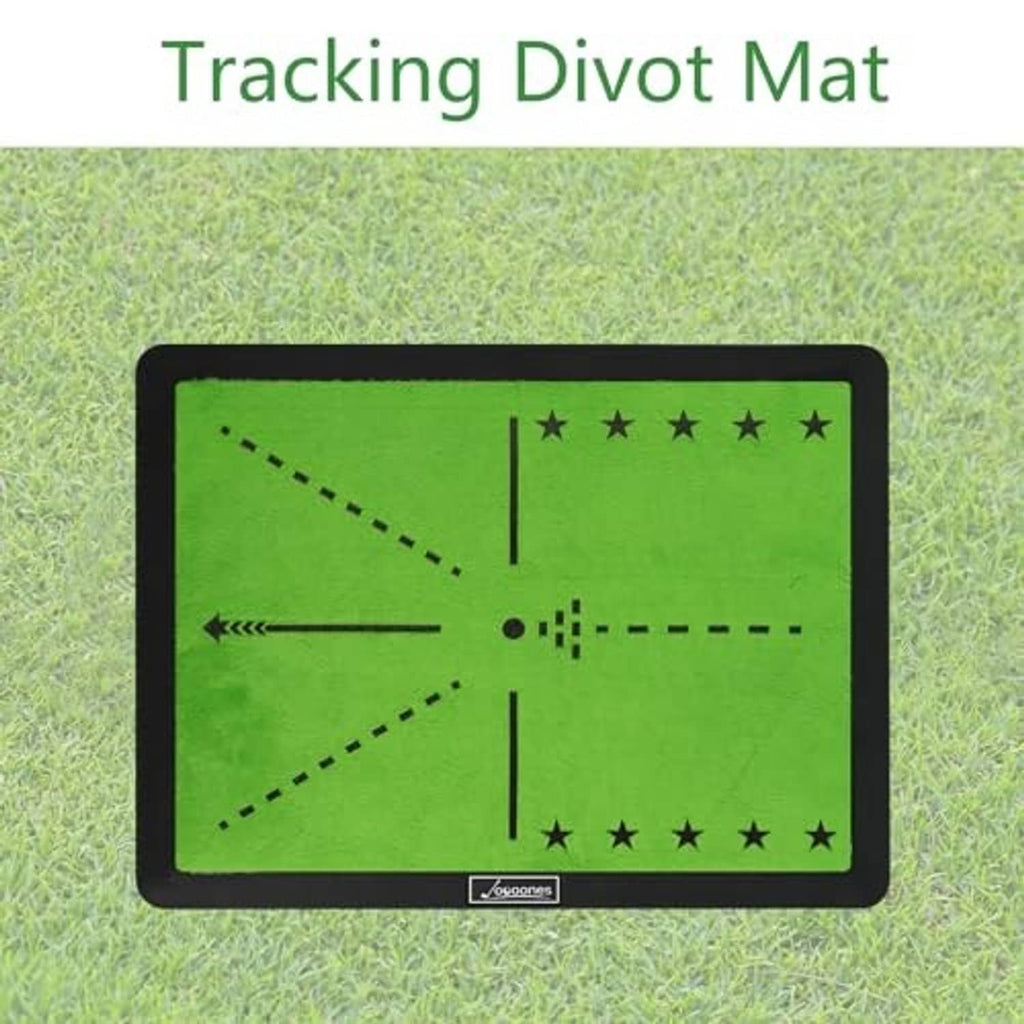 Golf hitting mat on grass with green play area and star-marked alignment guide lines