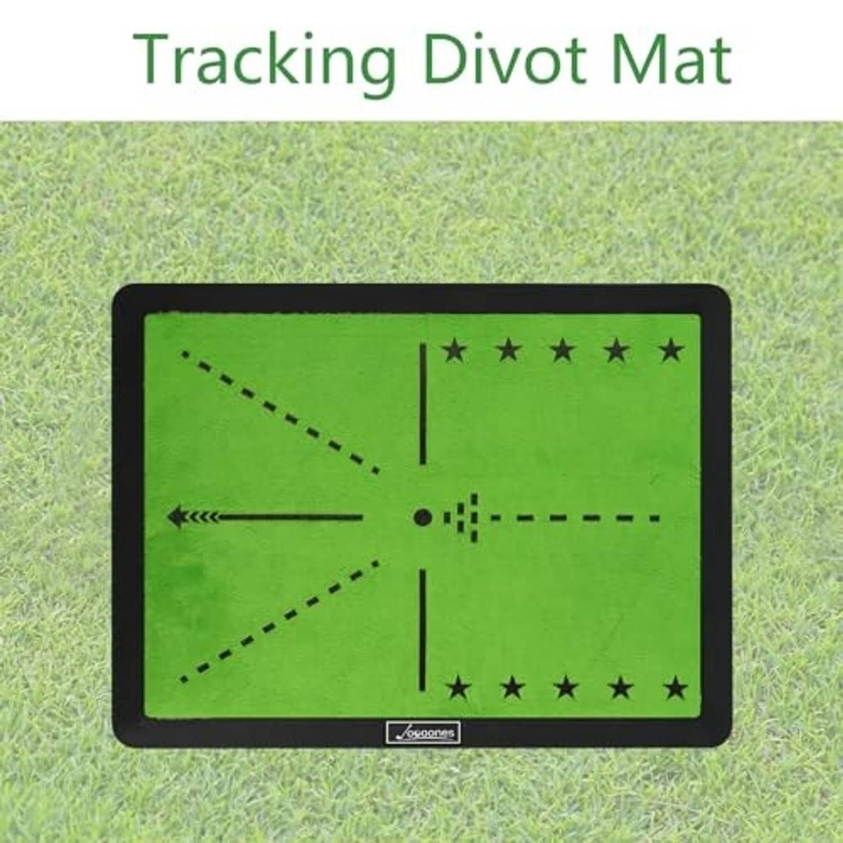 Golf hitting mat on grass with green play area and star-marked alignment guide lines