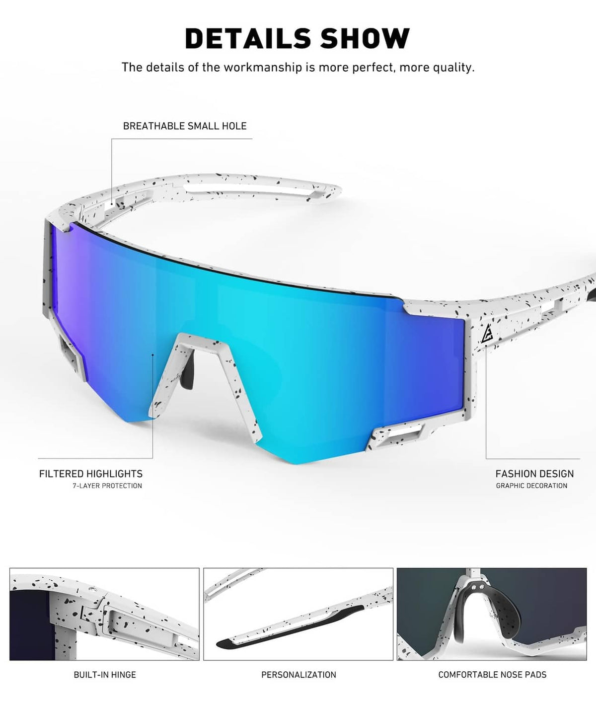 Kids sunglasses close-up with blue mirrored lens and speckled white frame
