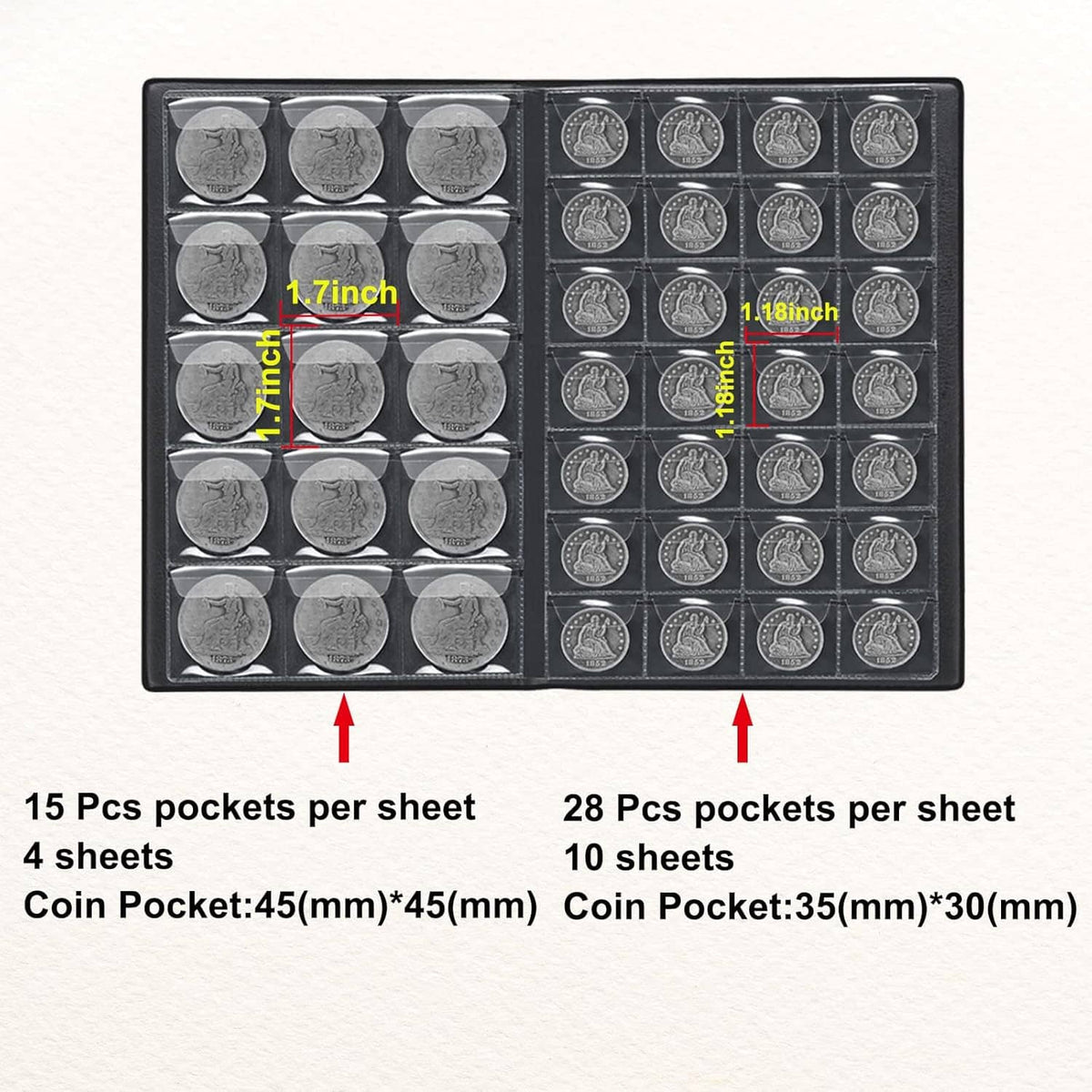Open coin album with round coin pockets, 15-pocket and 28-pocket sections, size guides