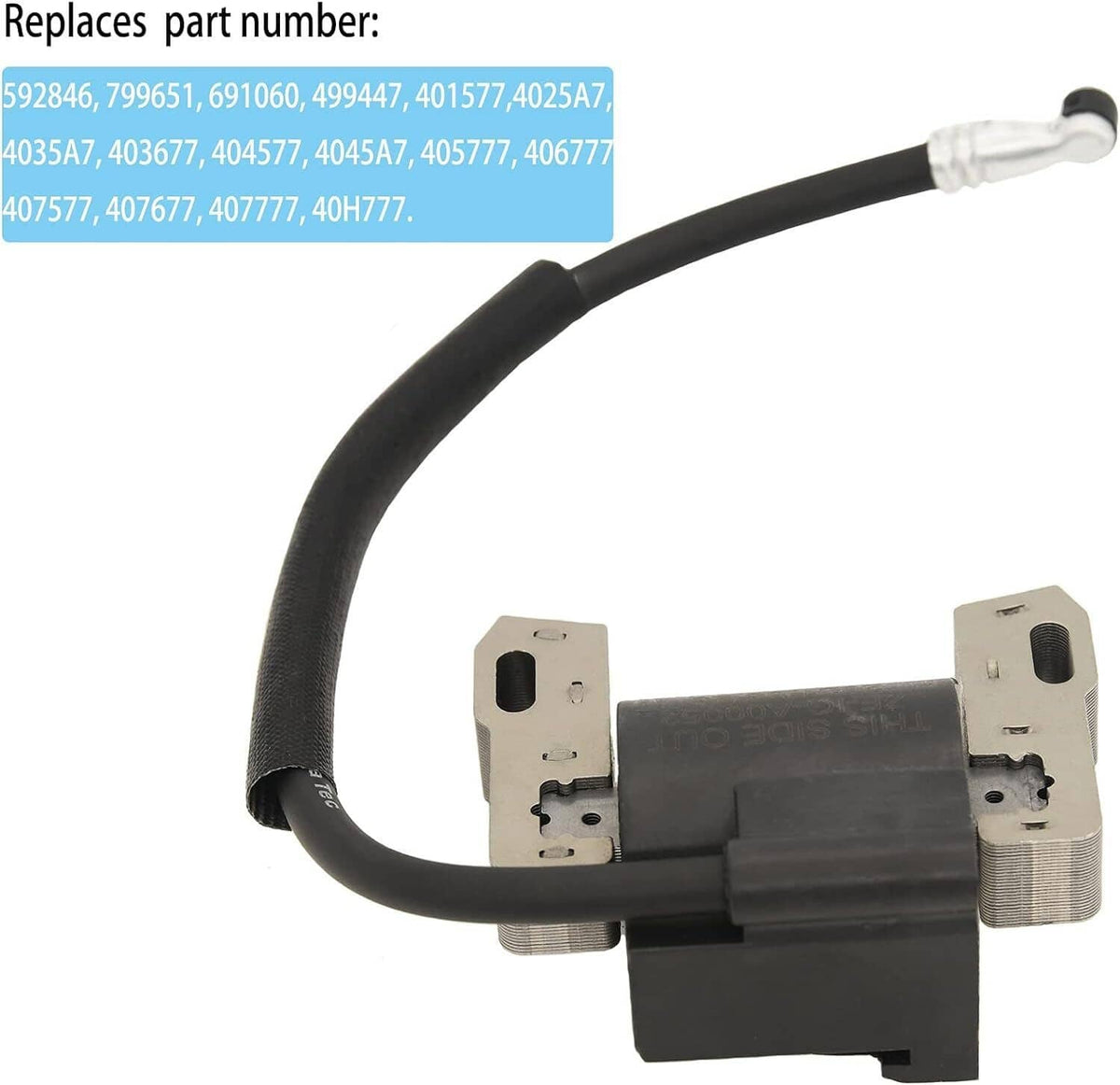 Ignition coil module with black housing and attached spark plug wire and terminals
