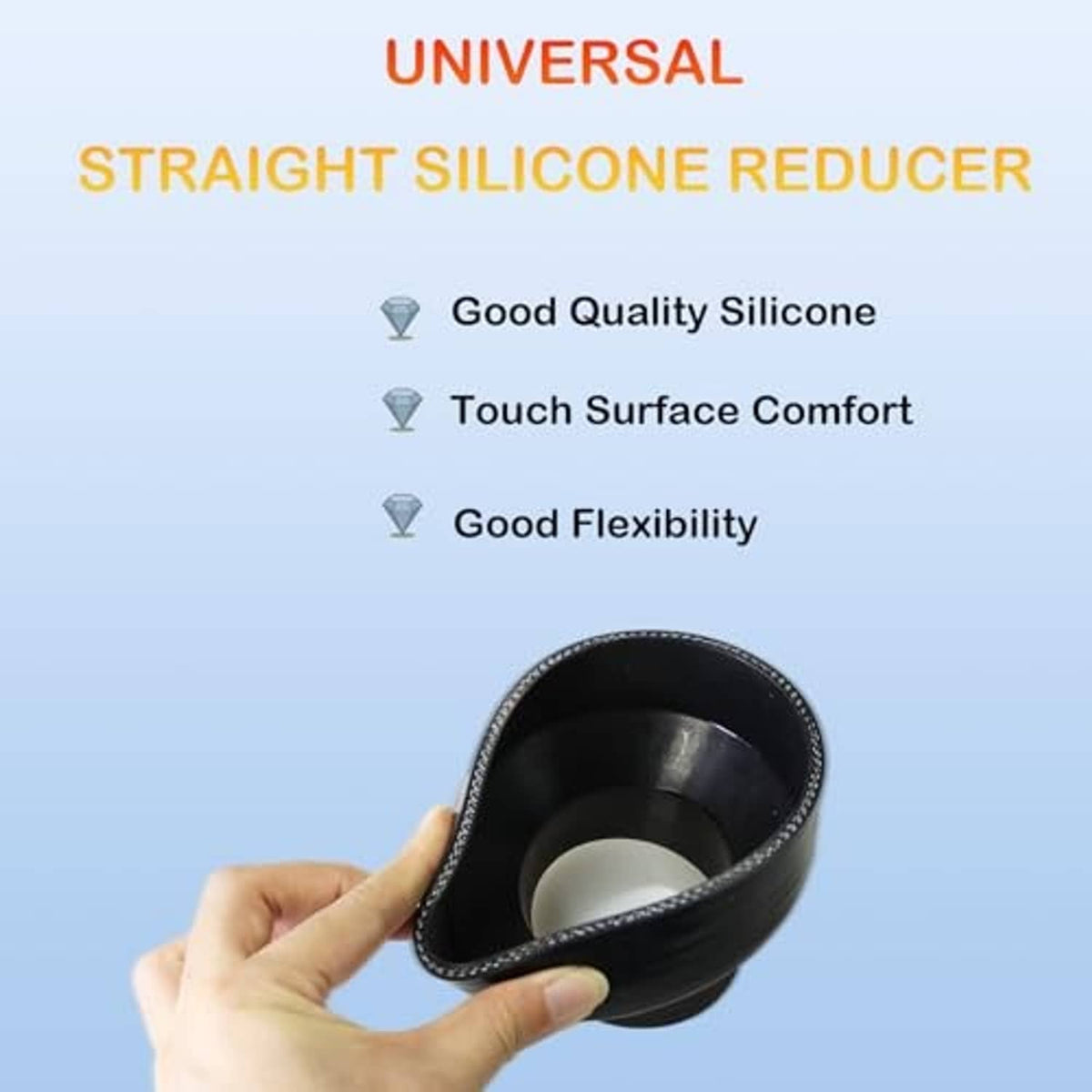 Hand holding black universal straight silicone reducer, flared ends for hose joining.