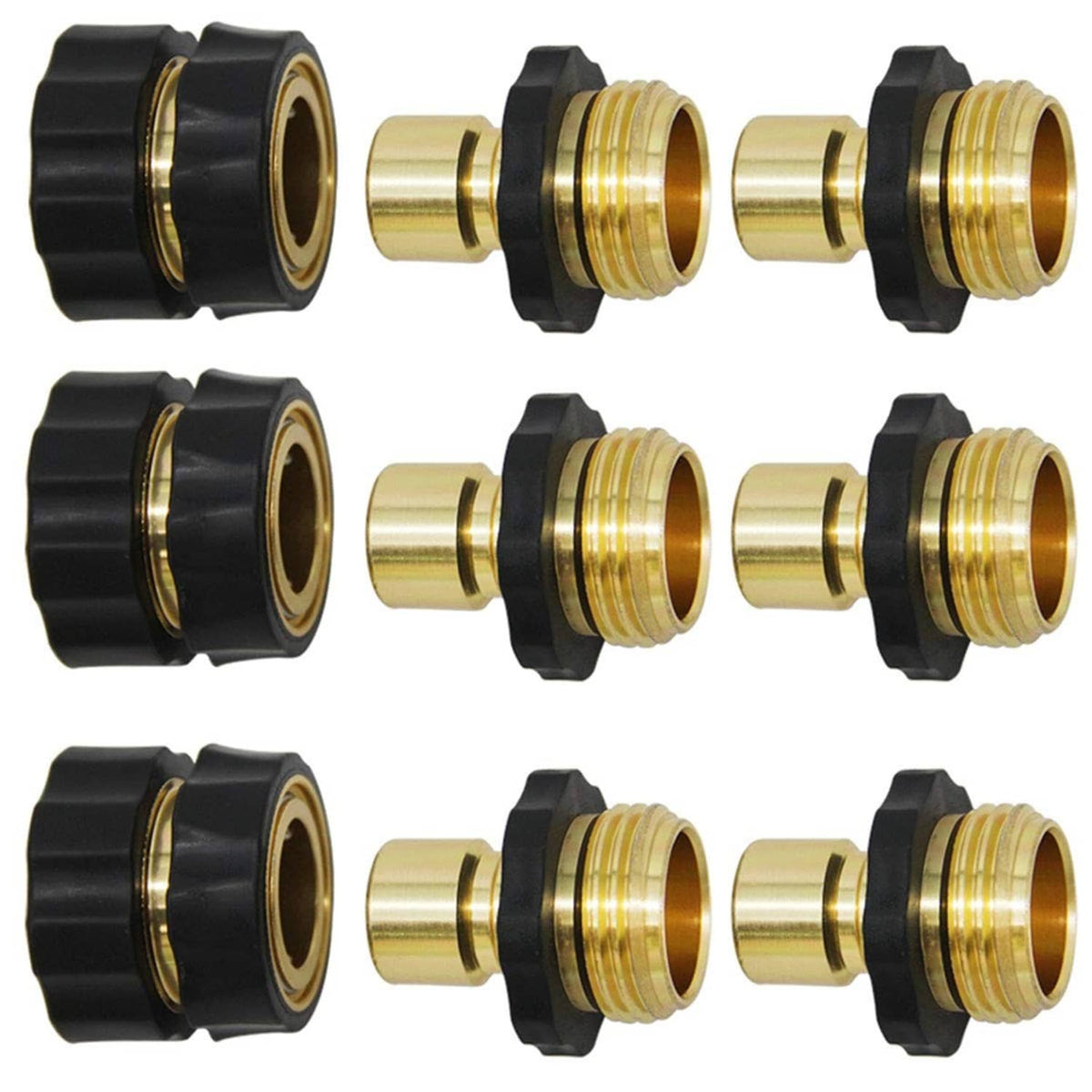 3/4 in garden hose connector set, black rubber ends with brass male and female fittings