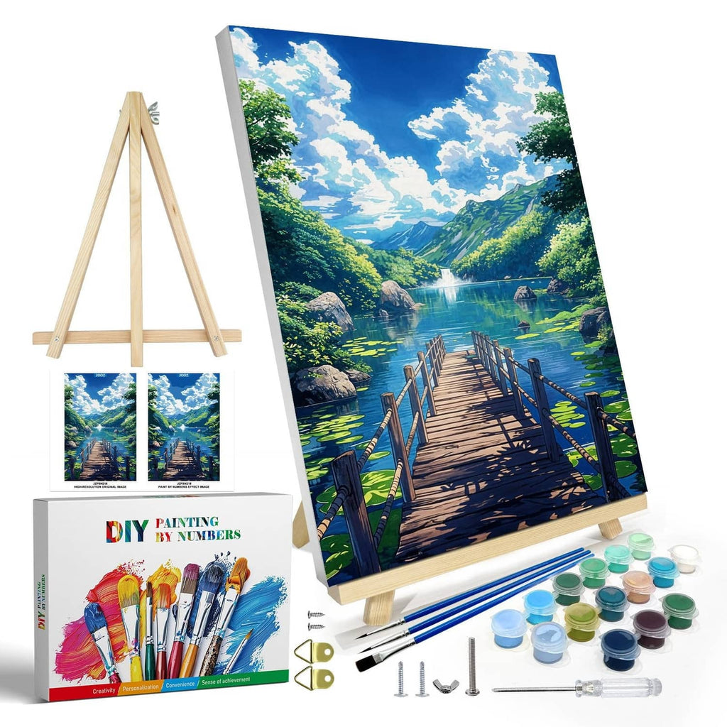 Paint-by-numbers kit with easel, landscape canvas, brushes, and paint bottles