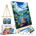 Paint-by-numbers kit with easel, landscape canvas, brushes, and paint bottles