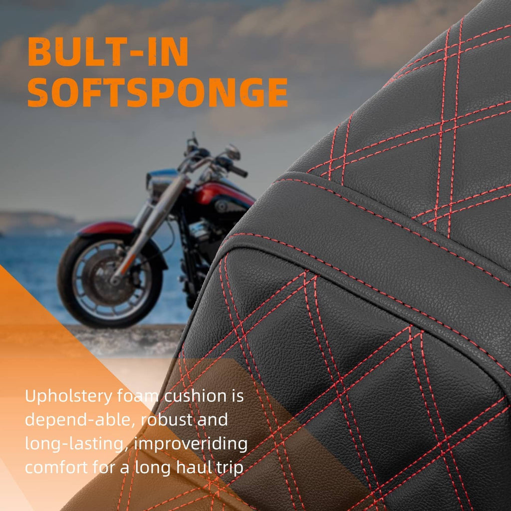Motorcycle seat cushion with red diamond stitching on black padded cover