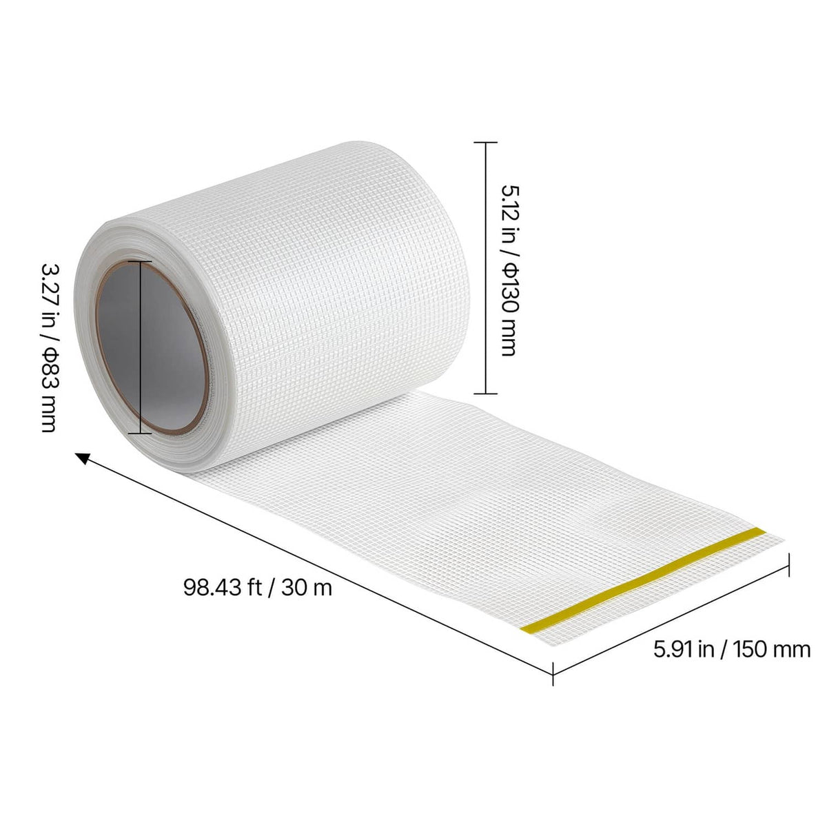 White fiberglass wall repair tape roll with size labels: 98.43 ft x 5.91 in