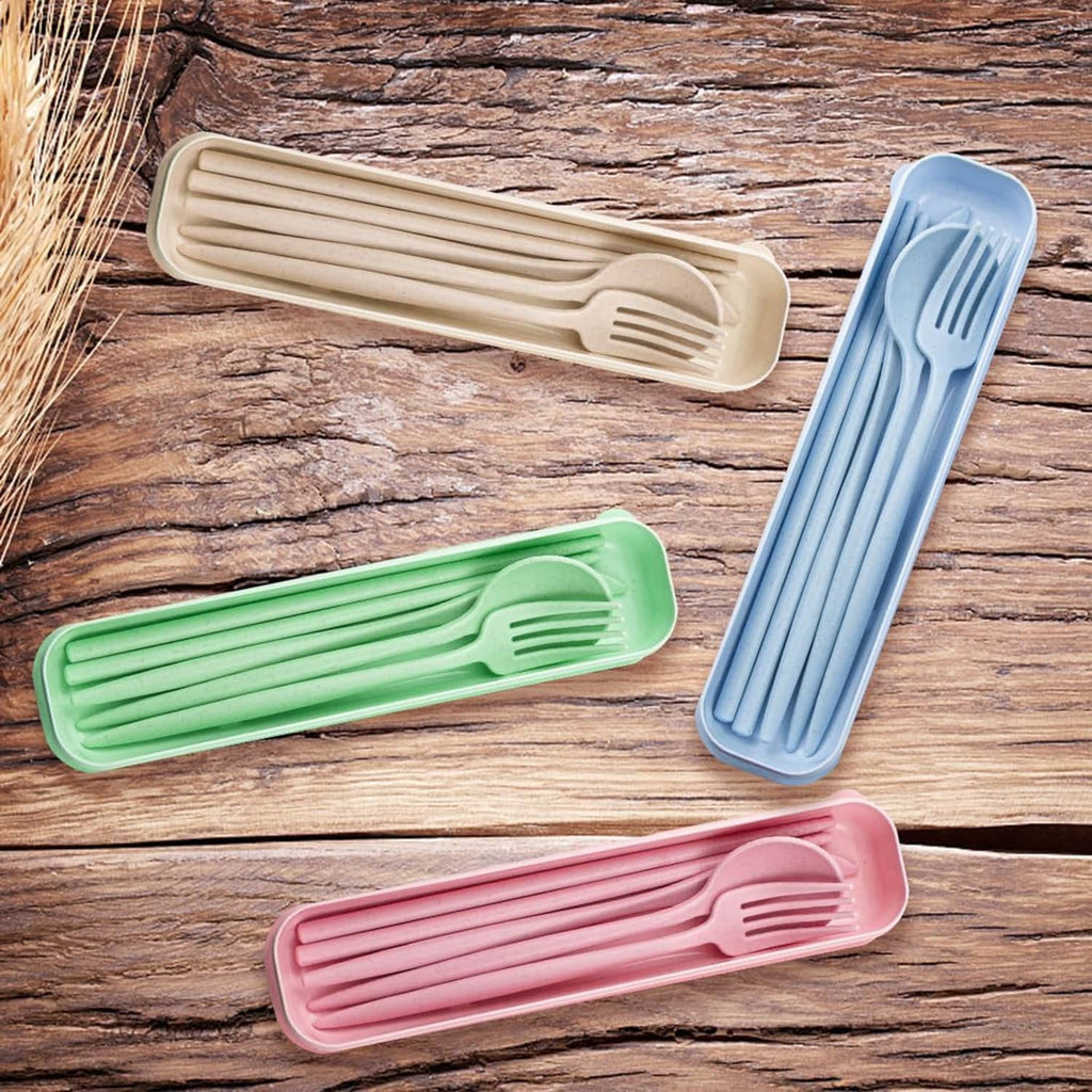 Reusable travel cutlery set with pastel utensil cases (beige, blue, green, pink) on wood