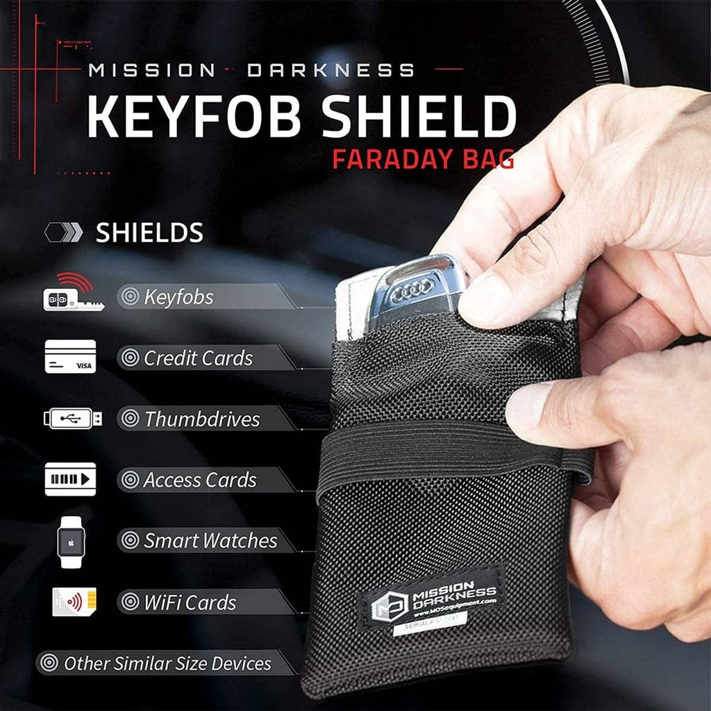 Black Faraday key fob bag with textured fabric pocket and Velcro strap, fob inside