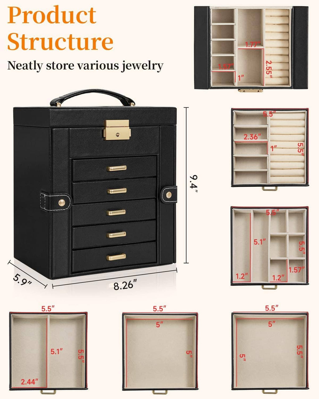 Black jewelry organizer box with drawers and hinged side compartments