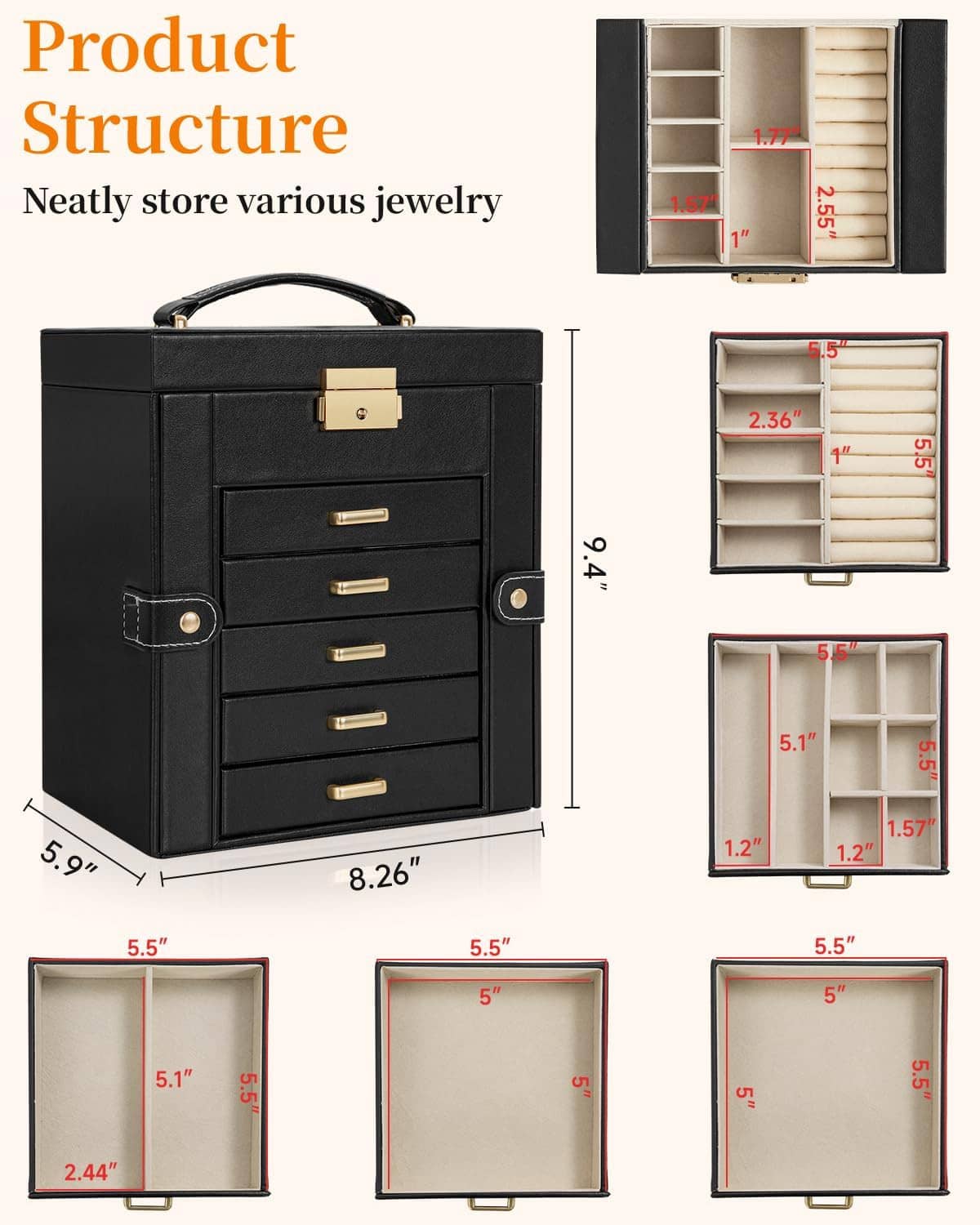 Black jewelry organizer box with drawers and hinged side compartments