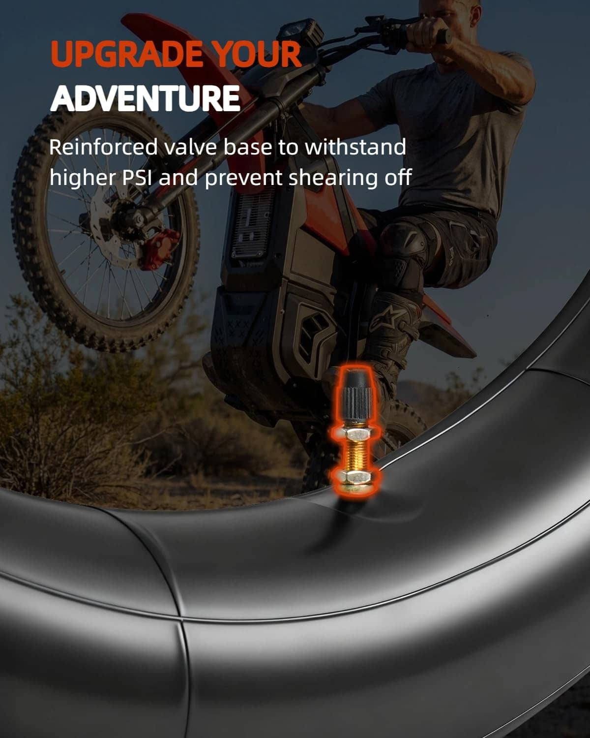 Black inner tube with reinforced valve base and durable rubber