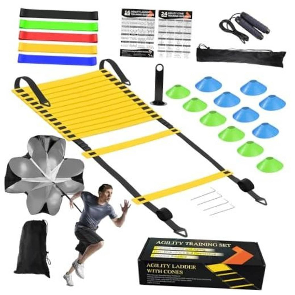 Yellow agility ladder training set with colored cones, straps, and storage bag