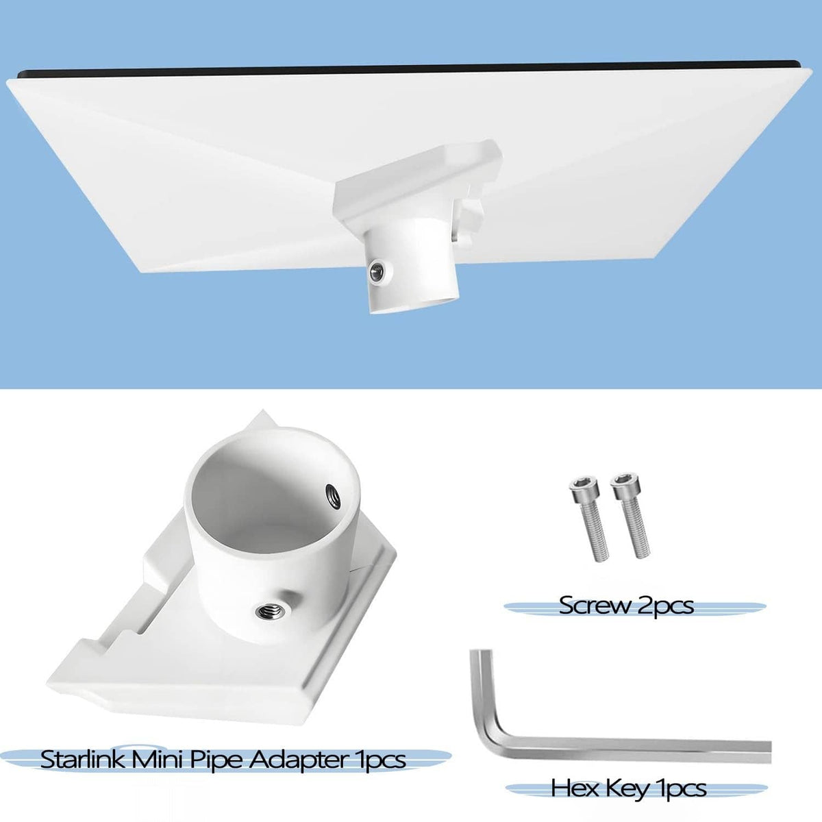 Starlink mini pipe adapter kit in white with screws and hex key