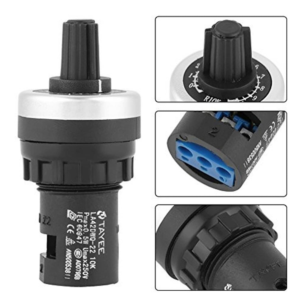 Panel-mount potentiometer with top knob, side connector port, and black adjustment dial