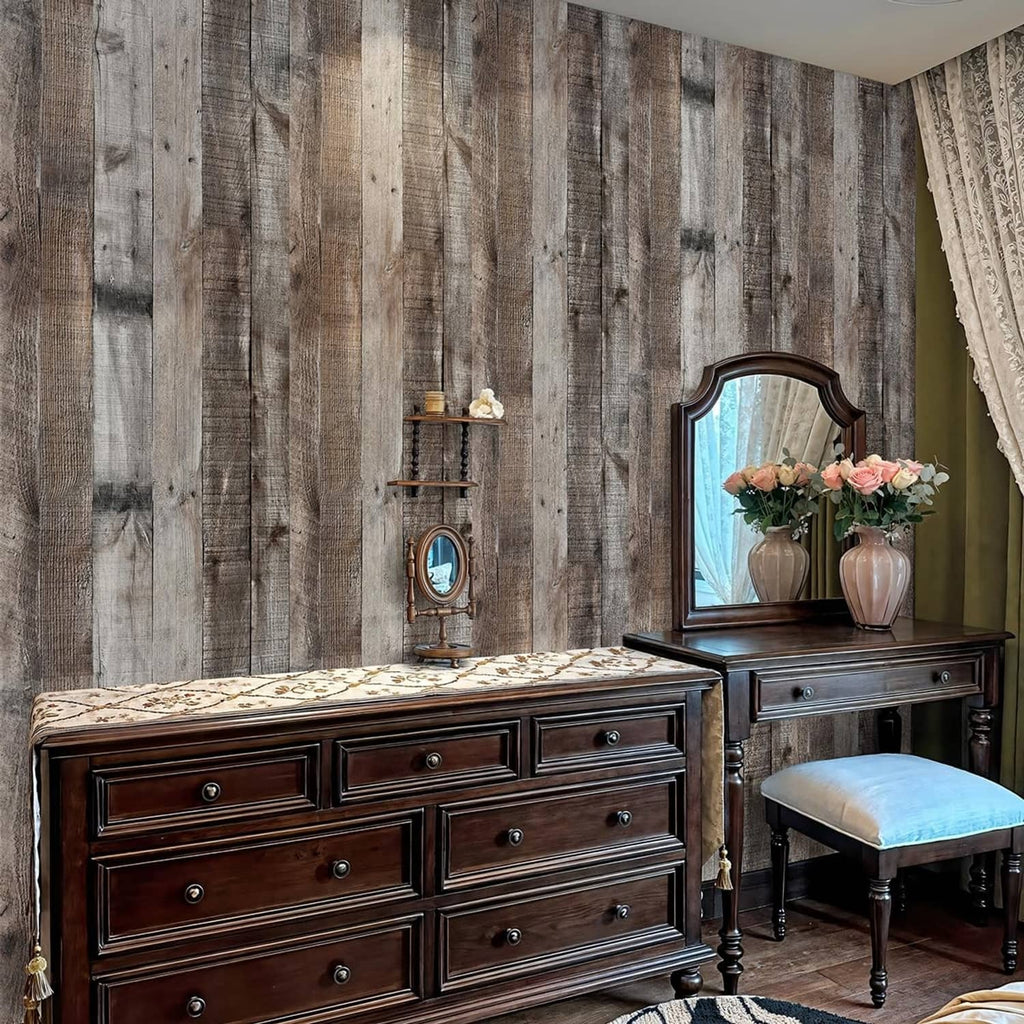 Gray shiplap wood-plank wallpaper on a full room wall behind furniture