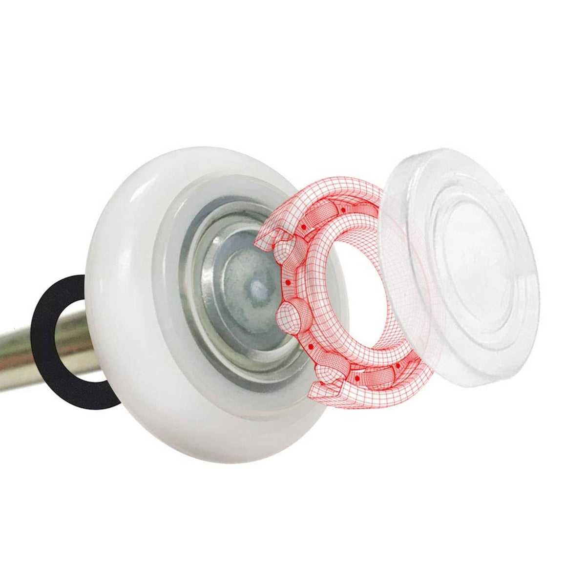 White nylon garage door roller with sealed 6200ZZ bearing and metal axle