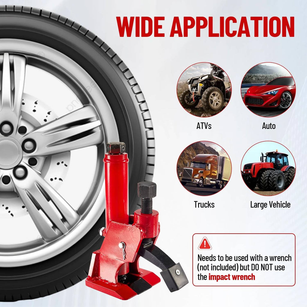 Red bead breaker tool positioned on a wheel tire for wide vehicle application
