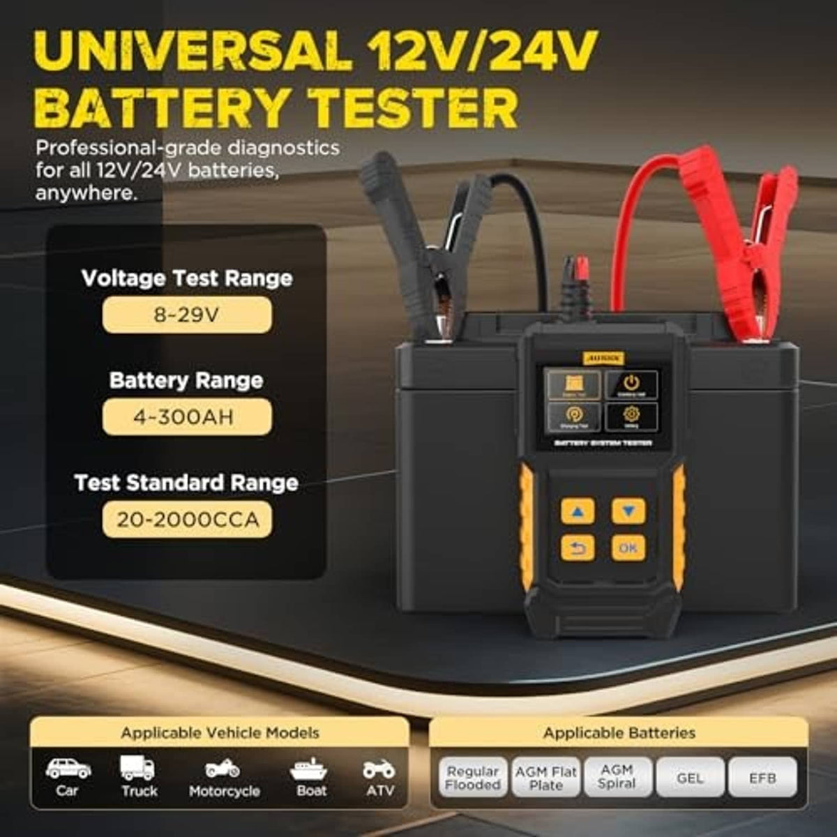 Universal battery tester with LCD screen, red/black clamps, and compact carry base