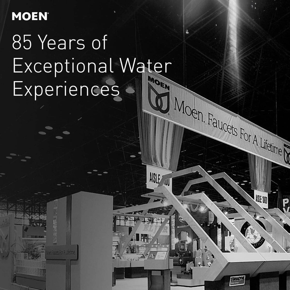 Moen promotional graphic reading “85 Years of Exceptional Water Experiences”