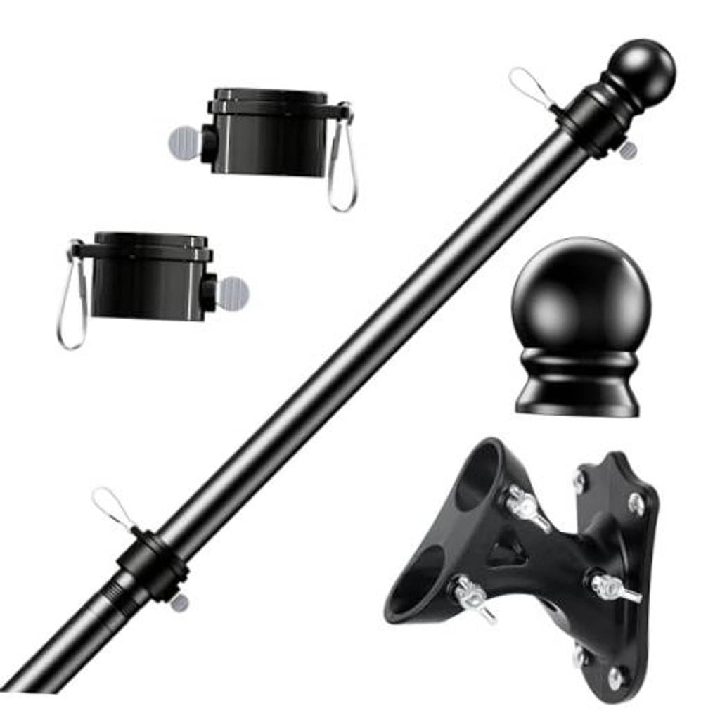 Black flag pole kit with ball finial, anti-twist clip rings, and mounting brackets