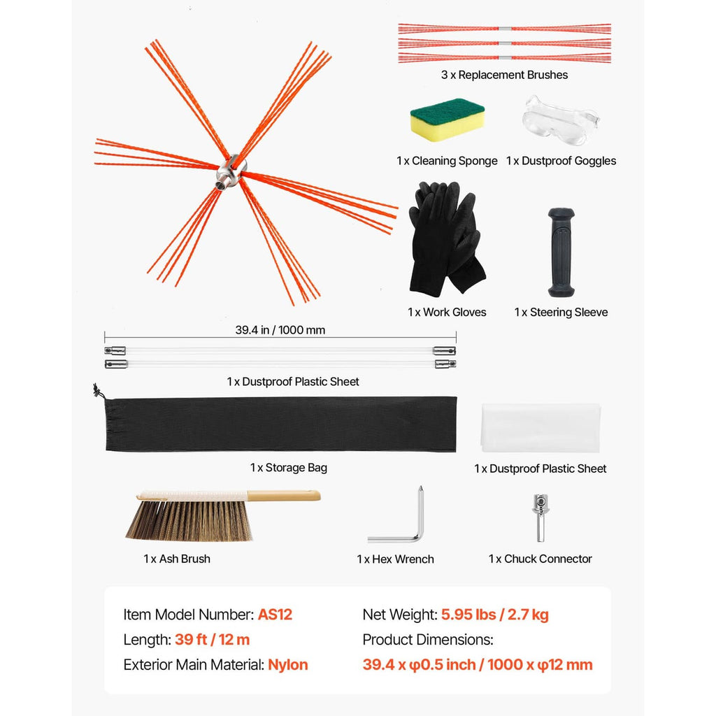Chimney cleaning kit accessories set: replacement brushes, goggles, gloves, dust sheets, and bag