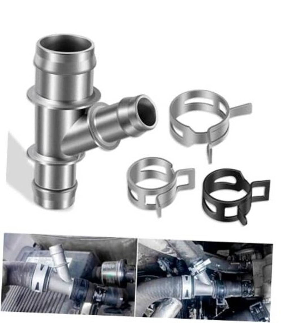 Aluminum coolant hose junction with two hose ports and included hose clamps, silver finish