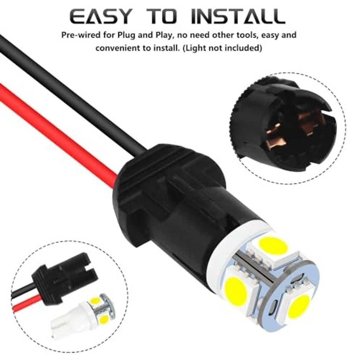 Pre-wired LED bulb socket with black housing and red/black wires, plug-in connector end