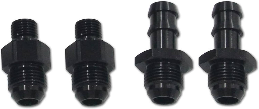 Black transmission hose line connectors with threaded male ends