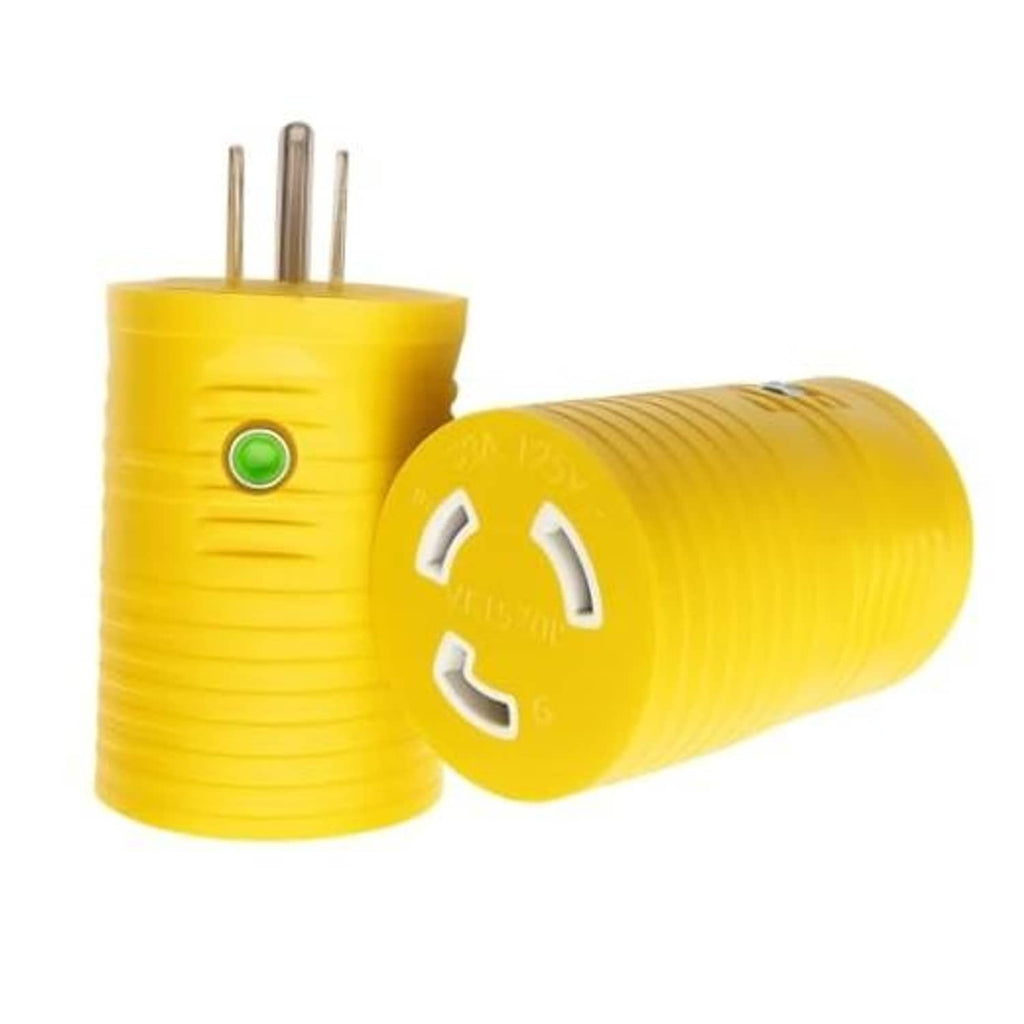 Yellow power adapter plug with three-prong blades, twist-lock socket, and green LED indicator
