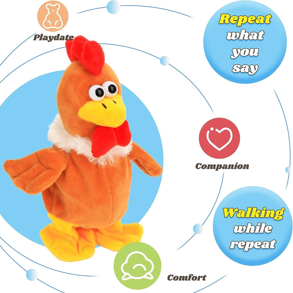 Orange talking chicken plush with big eyes and red comb, white fluffy trim and outstretched arms