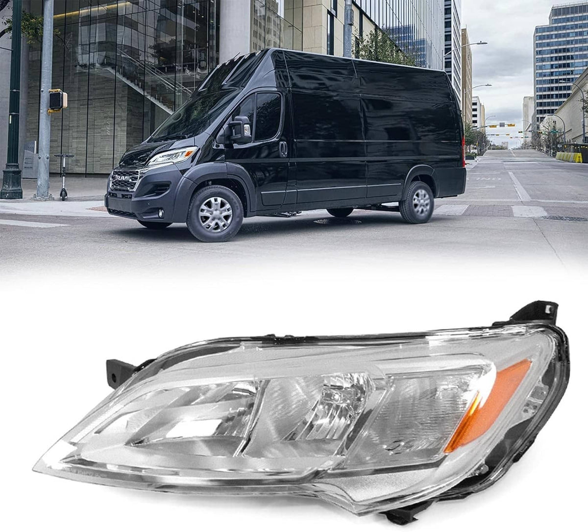 Left halogen headlight assembly with clear lens and amber reflector, angled front view