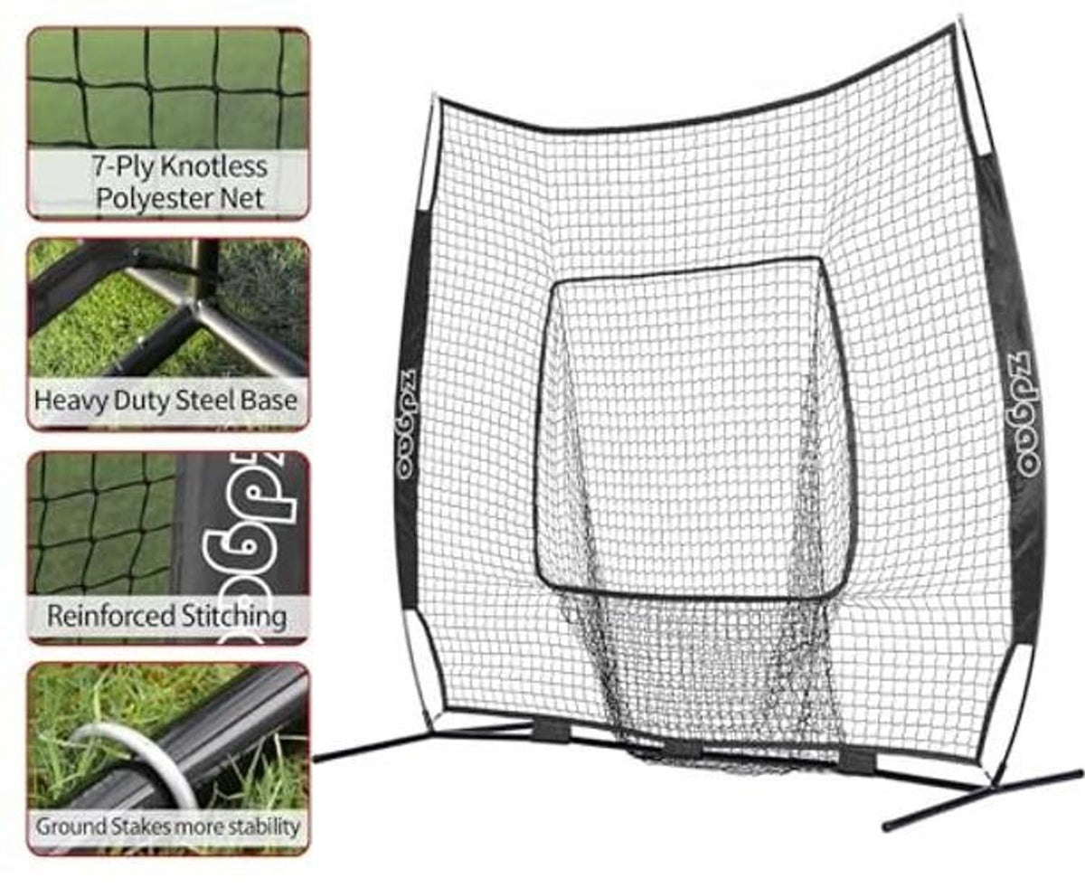 7x7 ft baseball net with square target pocket and black steel base