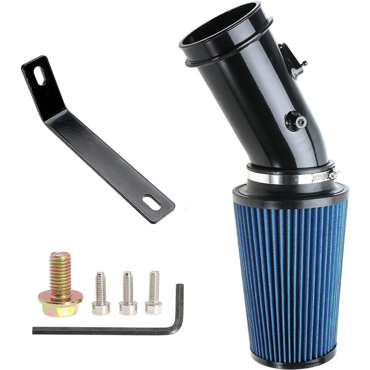 Cold air intake kit with blue pleated filter, black elbow pipe, bracket and bolts