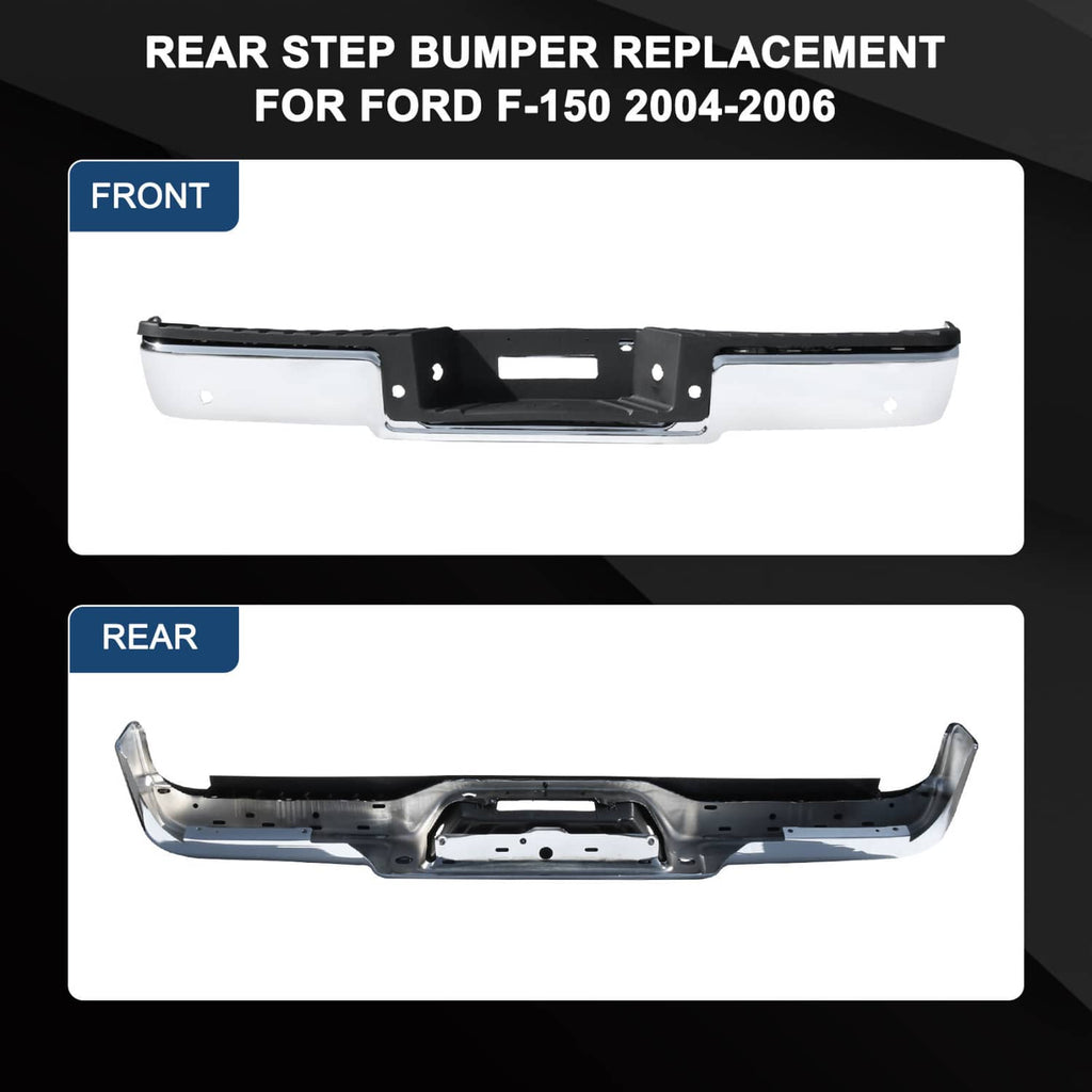 Rear and underside views of replacement rear step bumper with mounting holes