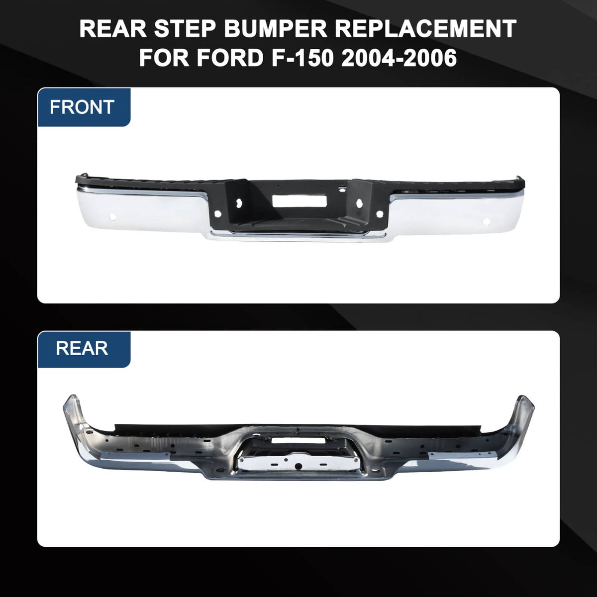 Rear and underside views of replacement rear step bumper with mounting holes