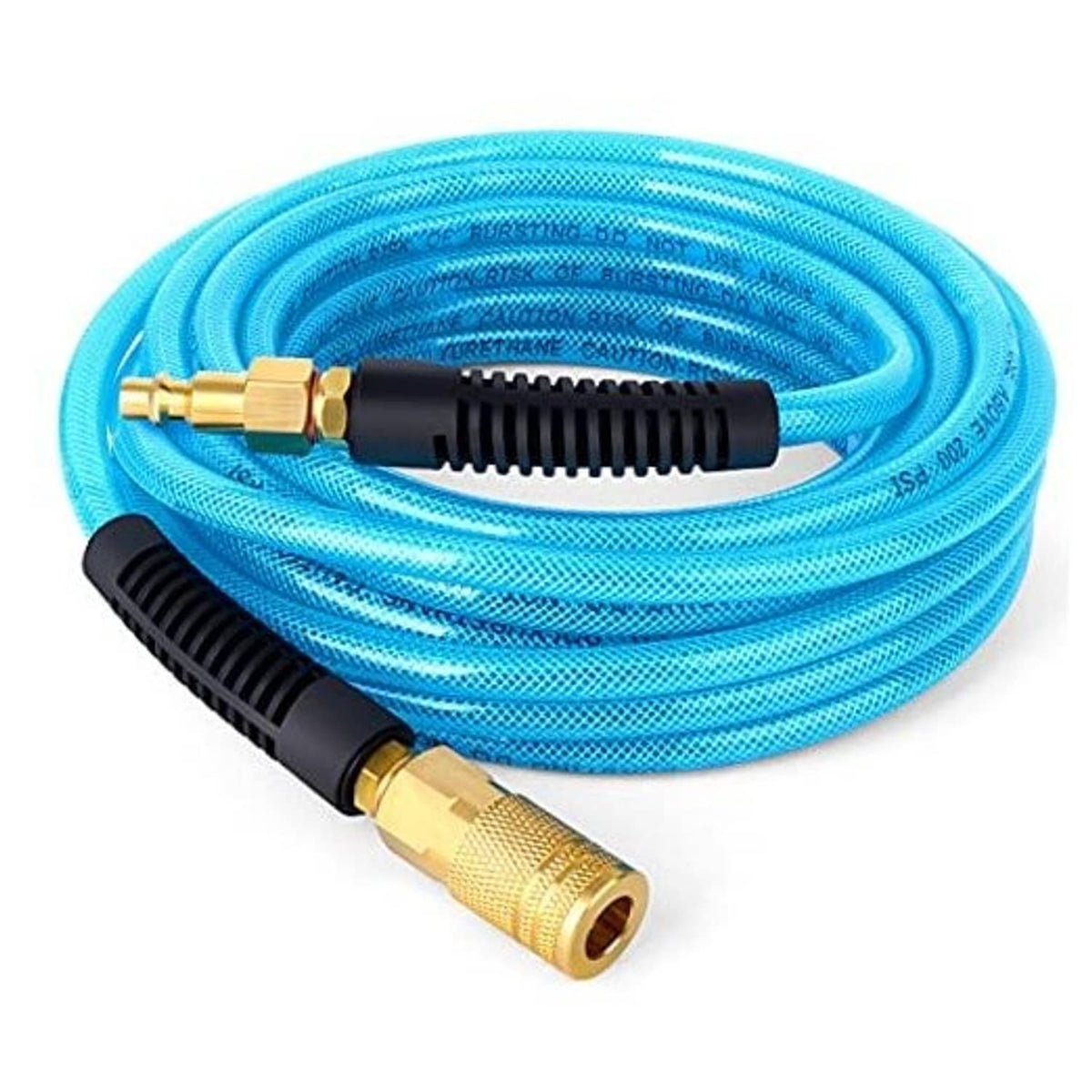 Blue reinforced polyurethane hose with brass ends and black ribbed connector