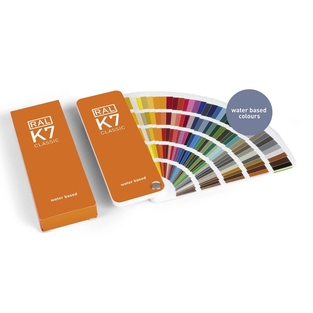 Gloss color chart fan beside orange booklet, showing multicolor water-based shades