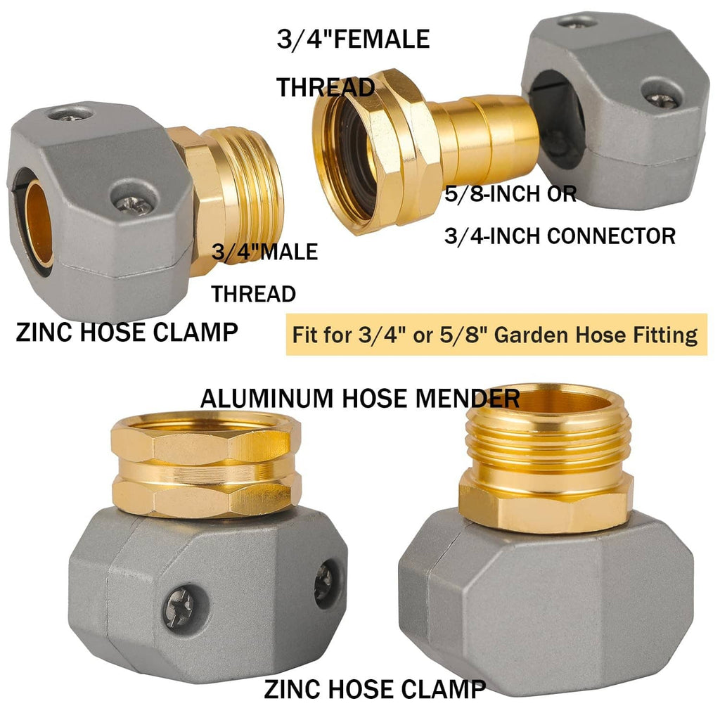 Garden hose repair mender with brass 3/4 and 5/8 male and female threaded connectors