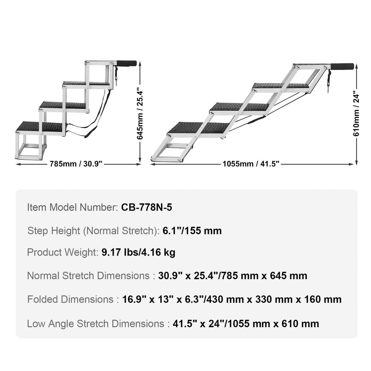 4-step dog stair size diagram with aluminum frame and black textured steps, folded