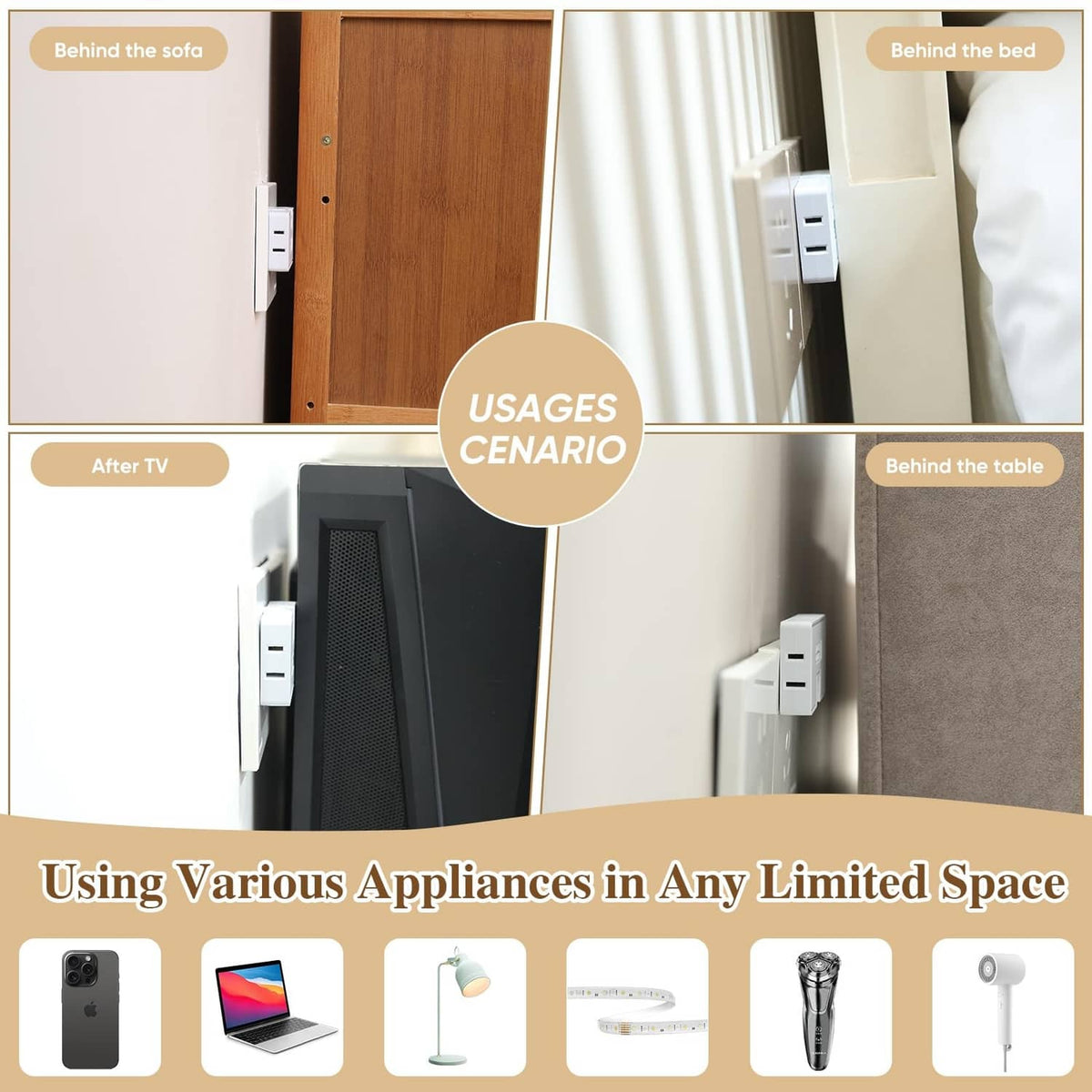 White 3-way outlet extender adapter with dual outlets, for use behind furniture