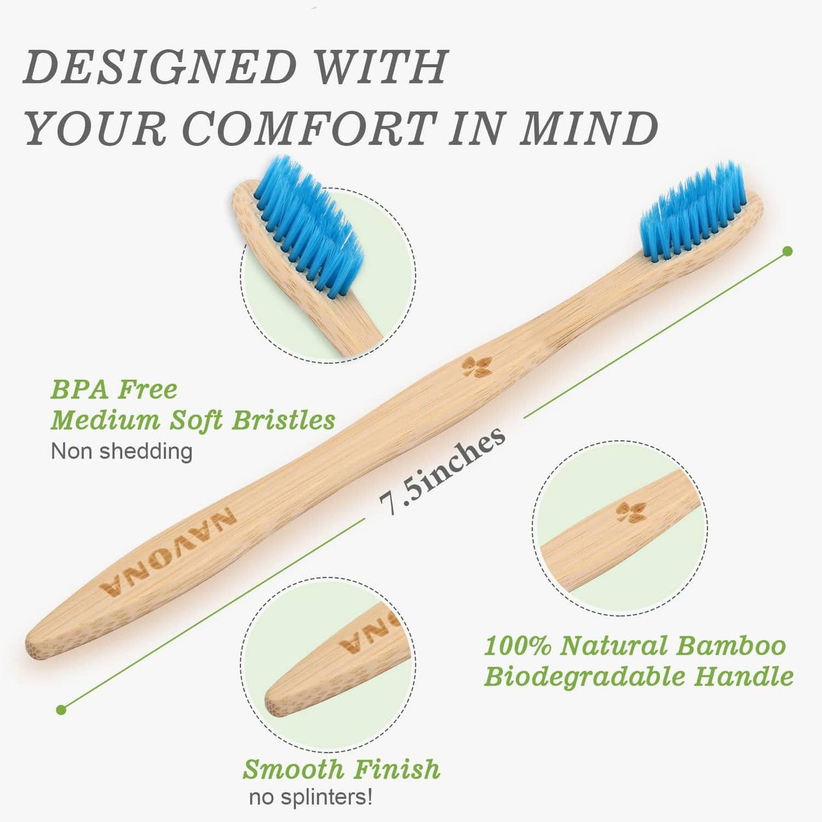 Bamboo toothbrush with light wood handle and blue medium-soft bristles