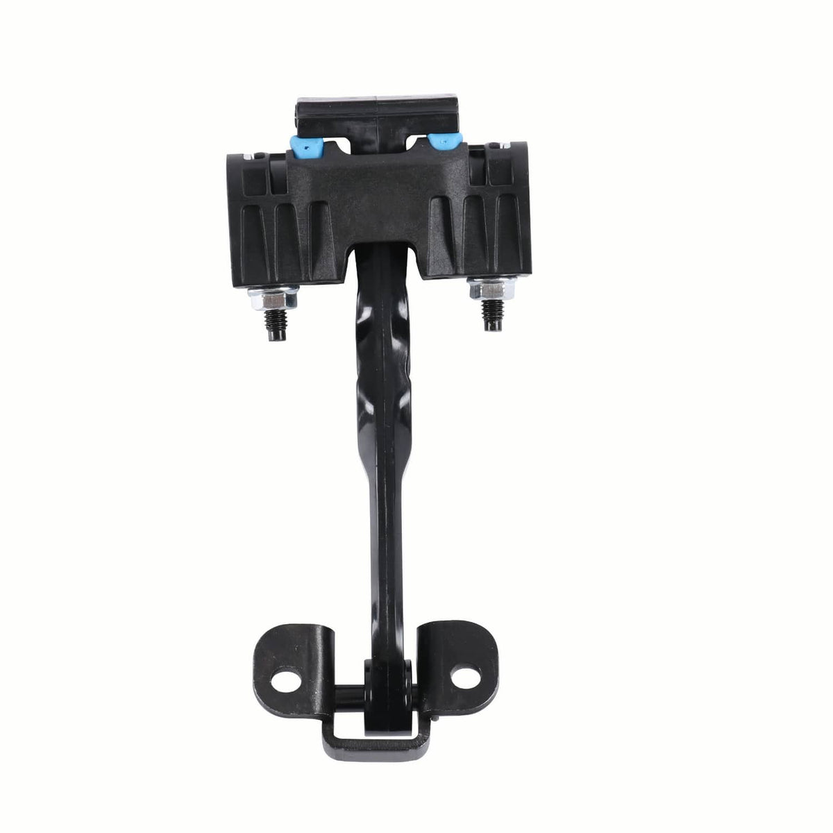 Front door check strap with vertical center arm and two top mounting housings, black