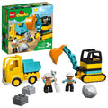 LEGO DUPLO construction set box with yellow truck, blue excavator, worker figures, blocks