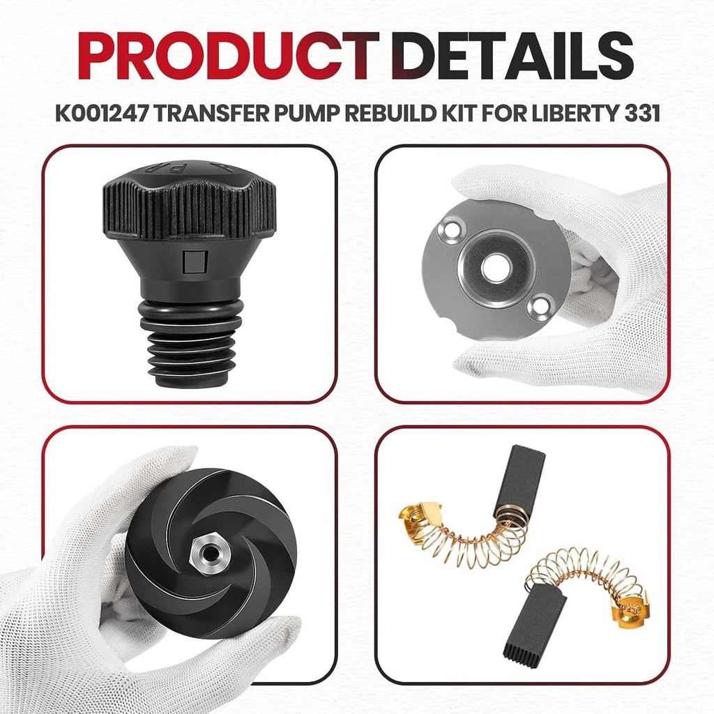 Pump rebuild kit detail view of black adjustment cap, impeller, and small included components
