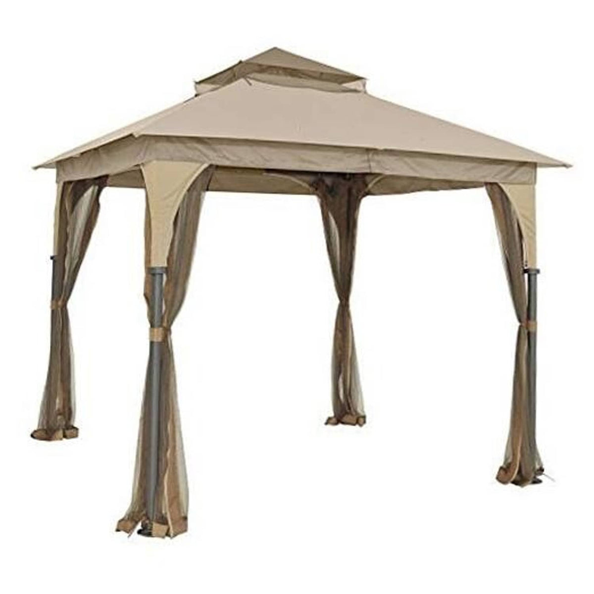 Beige gazebo canopy top cover with valance, supported by four corner poles