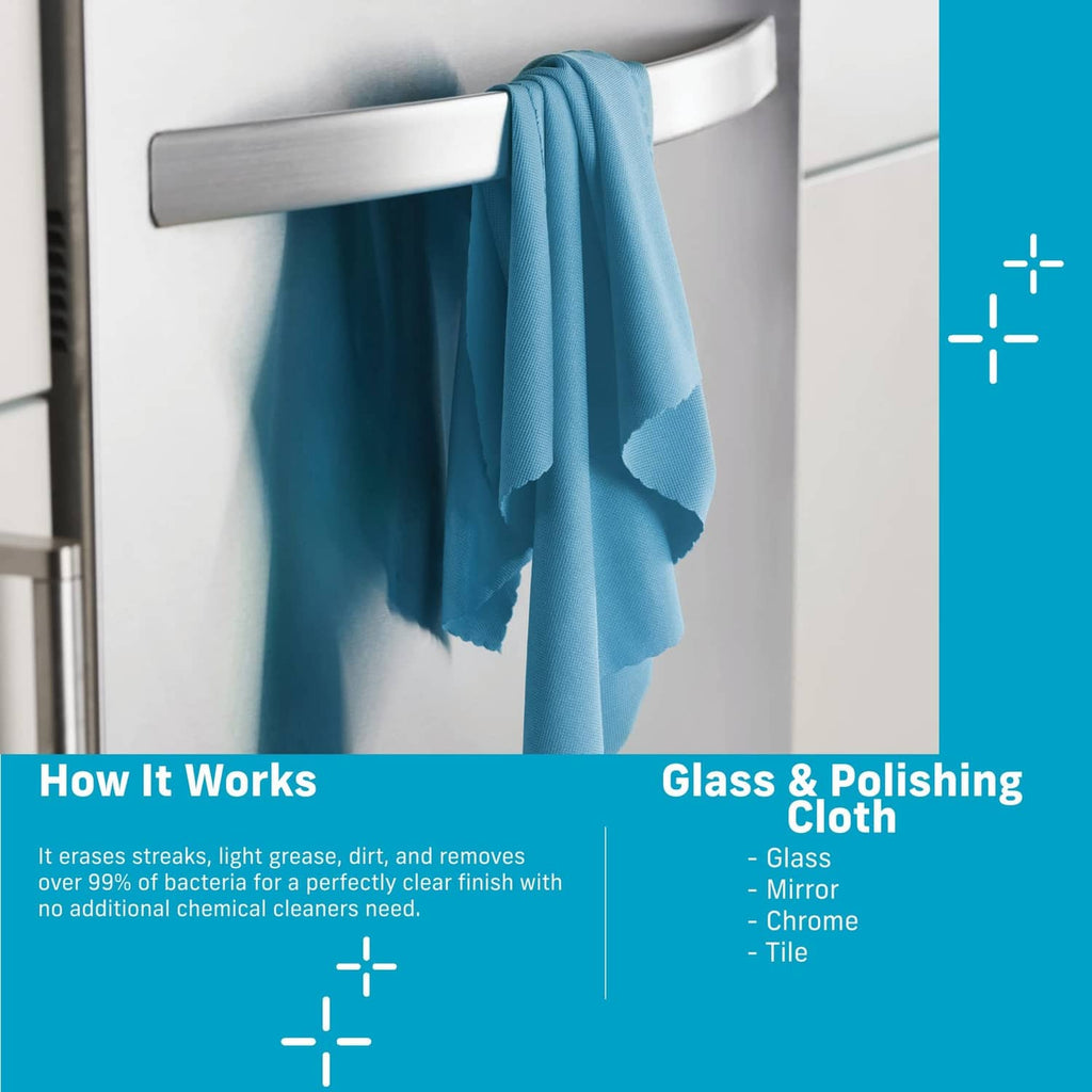 E-Cloth microfiber polishing cloth, blue cloth folded and hanging from bar